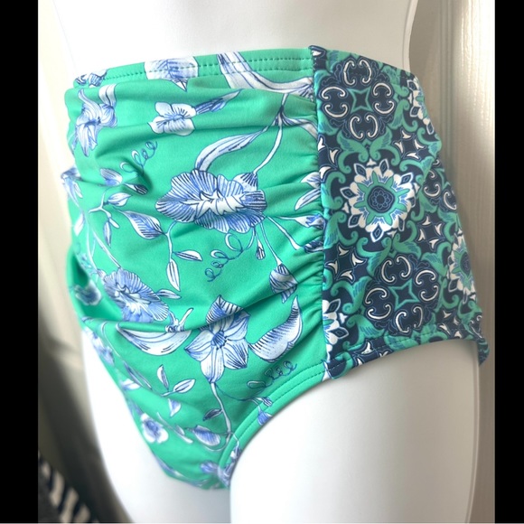 LANDS END Retro High Waisted Swimsuit Bottoms Briefs Green Floral Medallion Geo - Picture 4 of 9